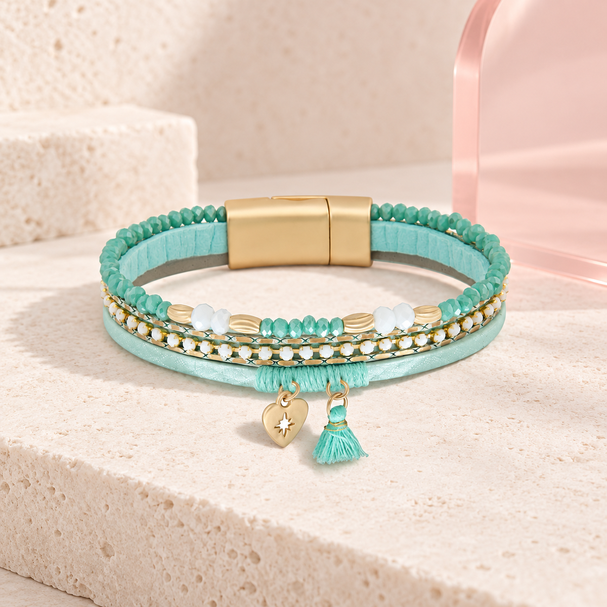 Aqua Starlight Leather Bracelet on ivory stone with blush pink acrylic