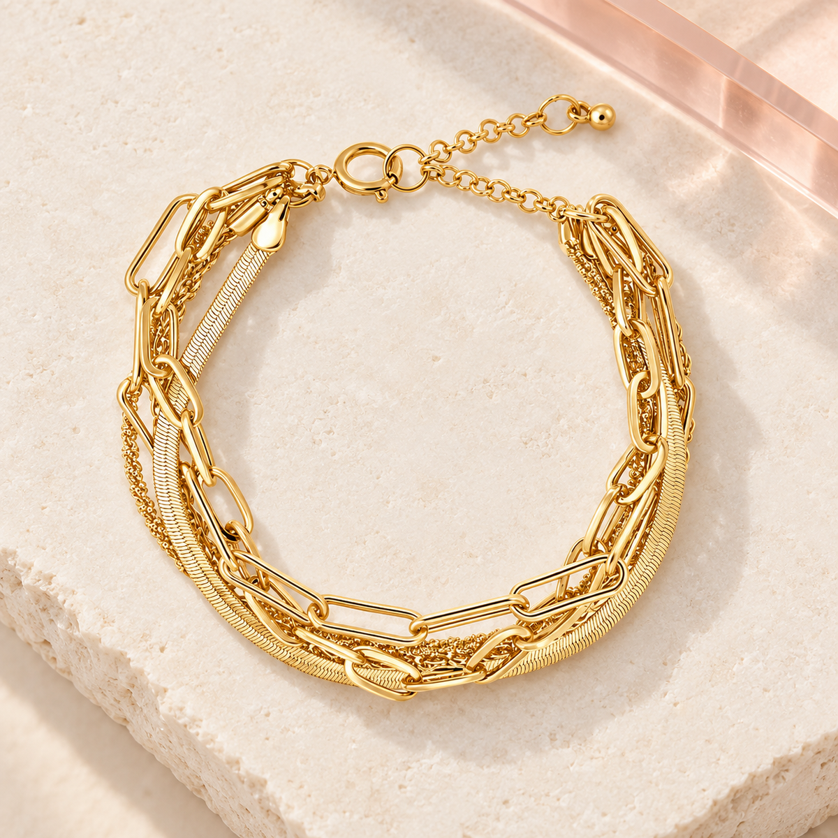 Aurelia Layers Gold Bracelet on ivory stone with blush pink acrylic