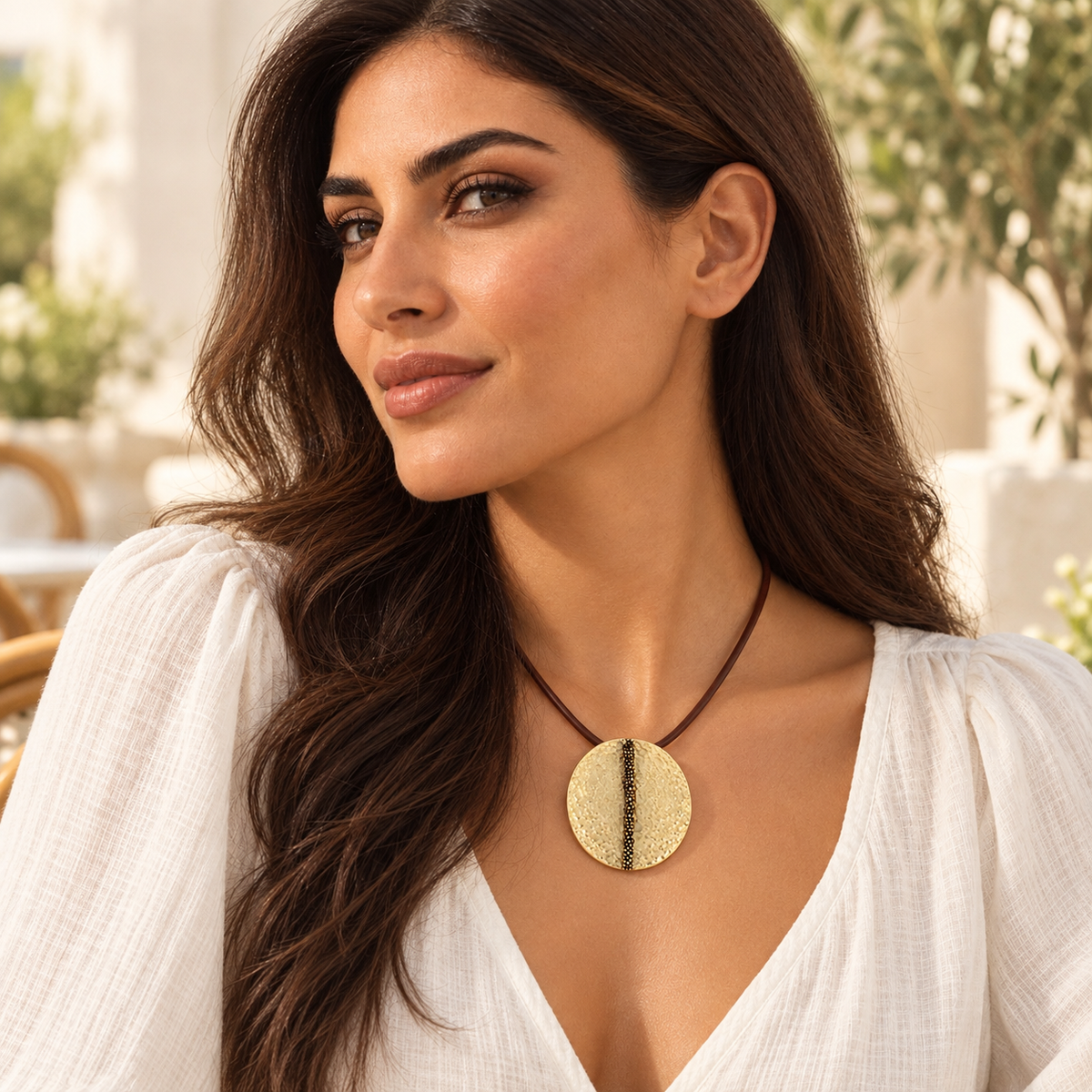 Bloomy model wearing the Aurelia Line leather necklace