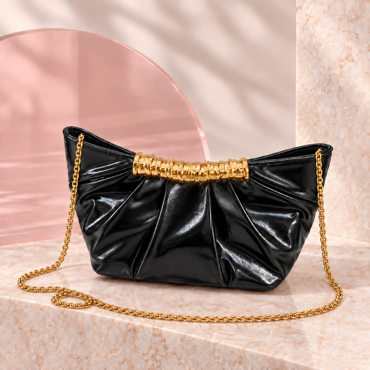 Lumi Metallic Pleated Bag in Black with long chain