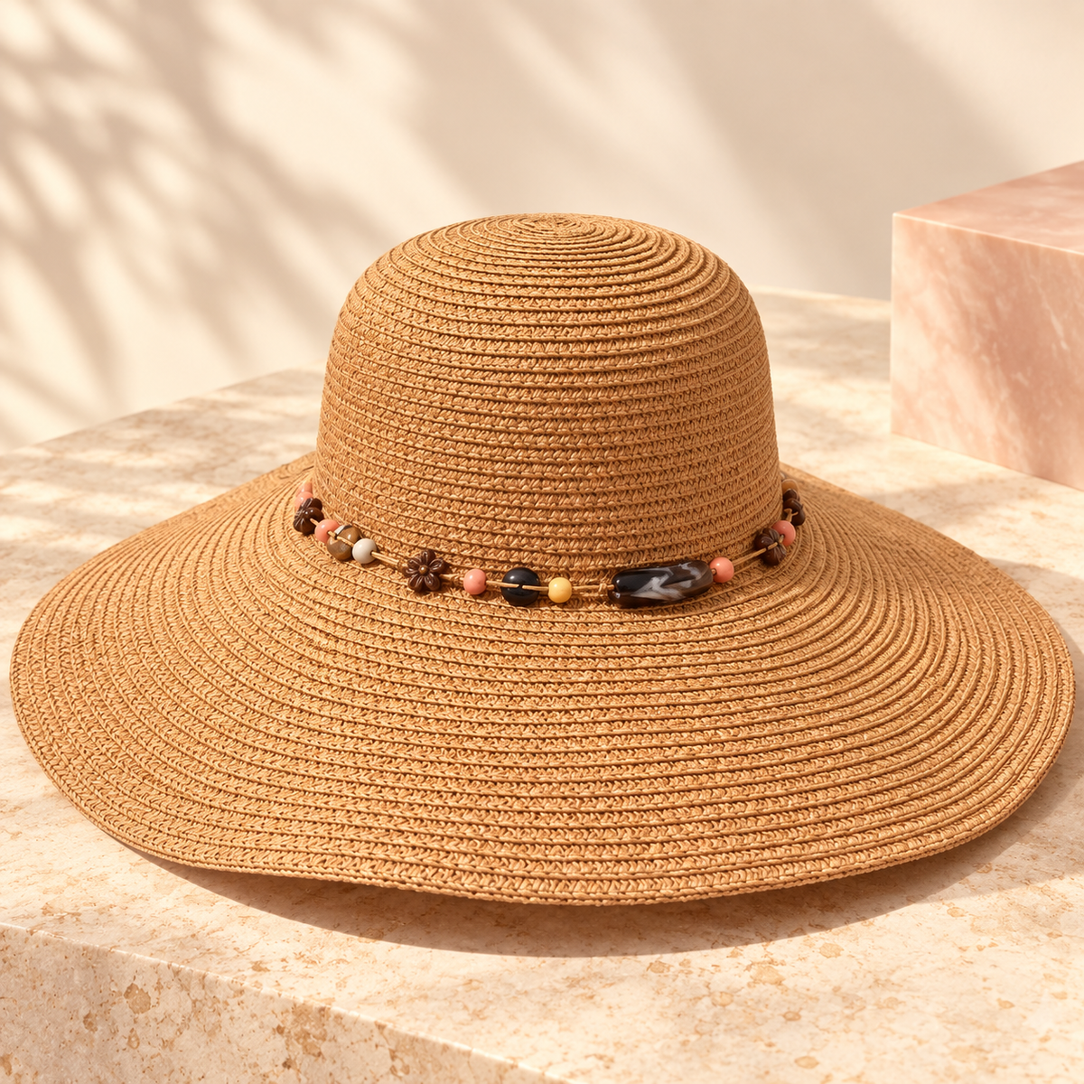 Beige wide-brim beaded beach hat, product view