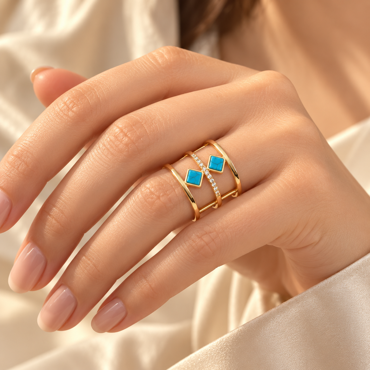 Cindy Turquoise Zircon Gold Ring shown on hand