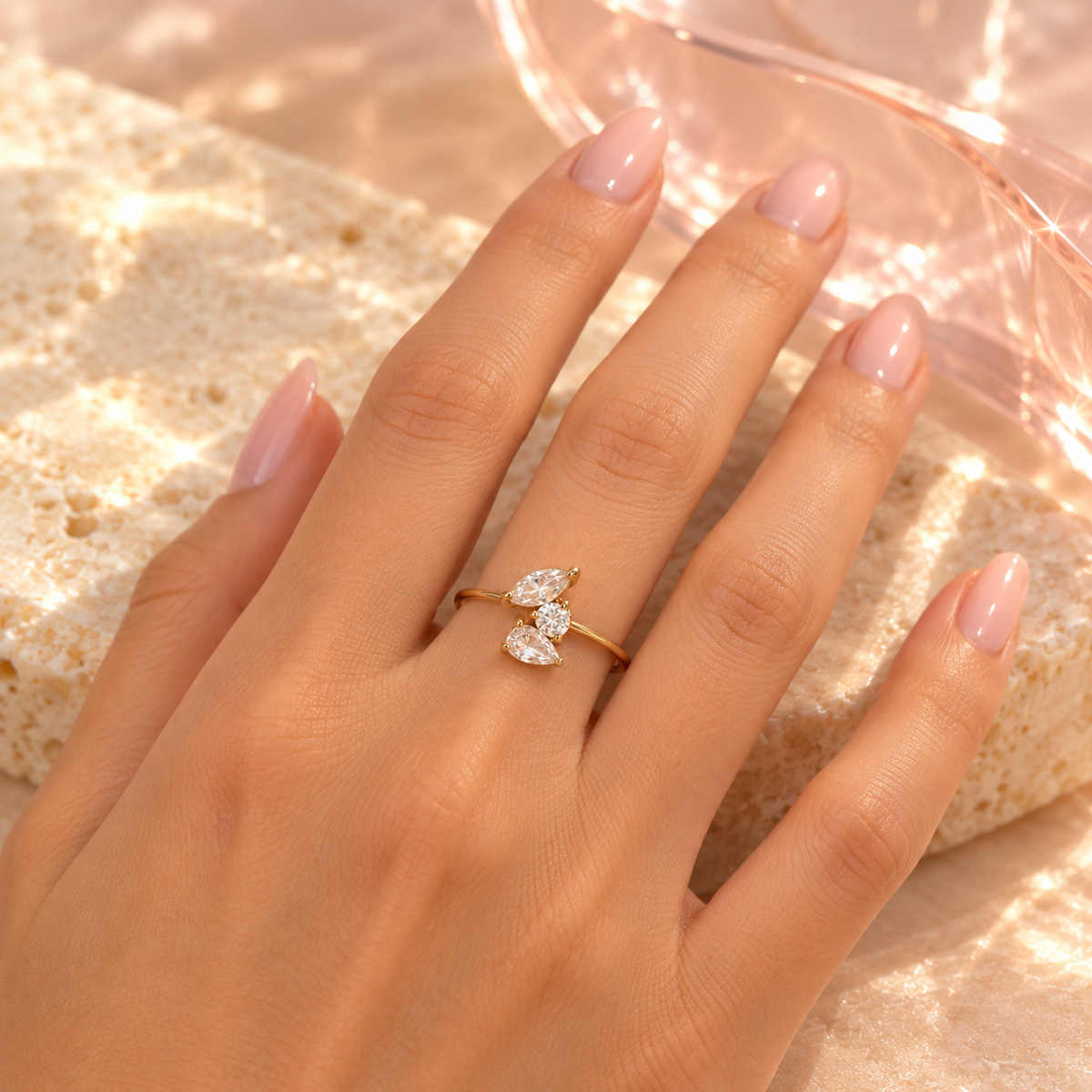 Crystal trio ring worn on hand