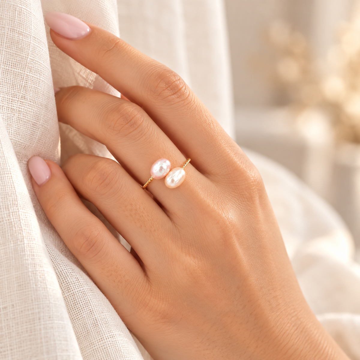 Duo Pearl Twist Ring in Blush & Ivory worn on hand