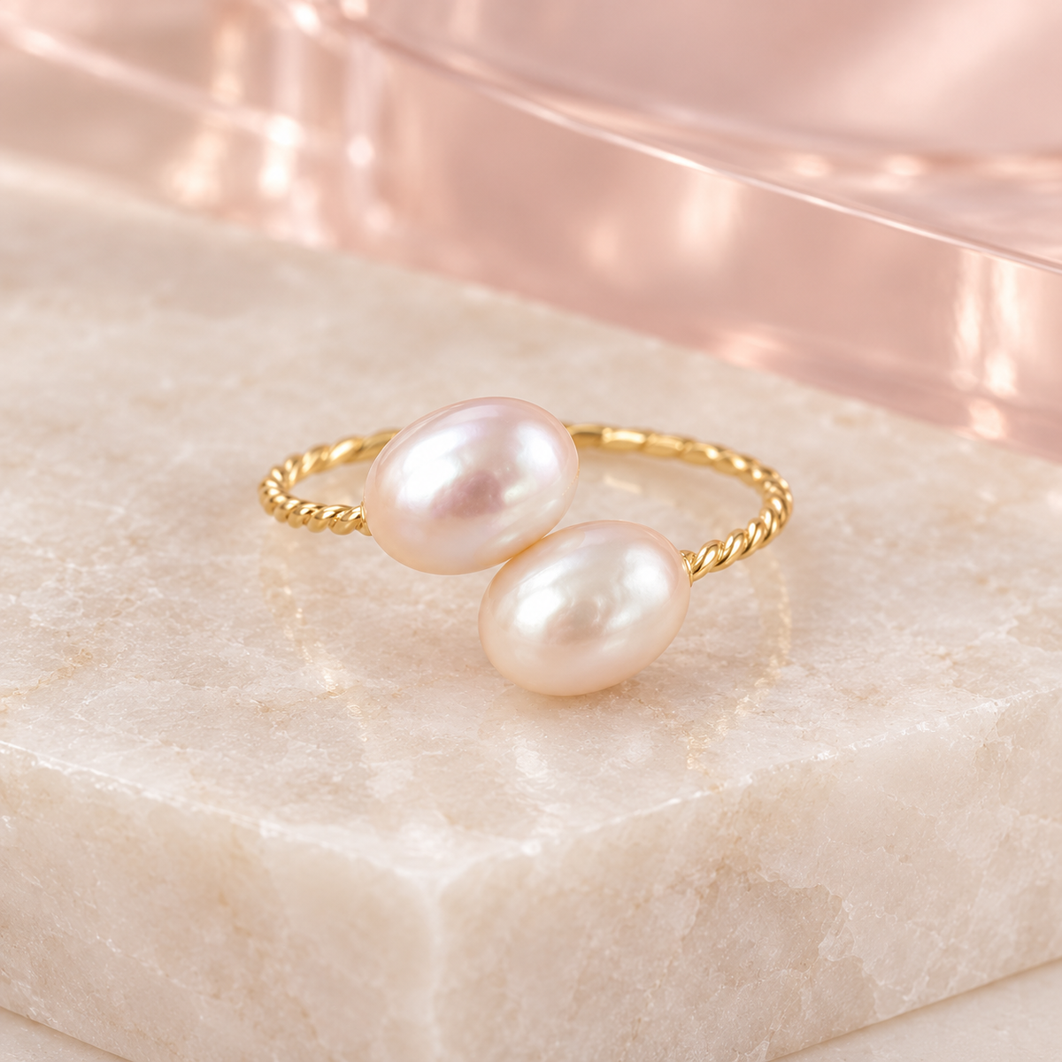 Duo Pearl Twist Ring in Blush & Ivory, solo on ivory stone