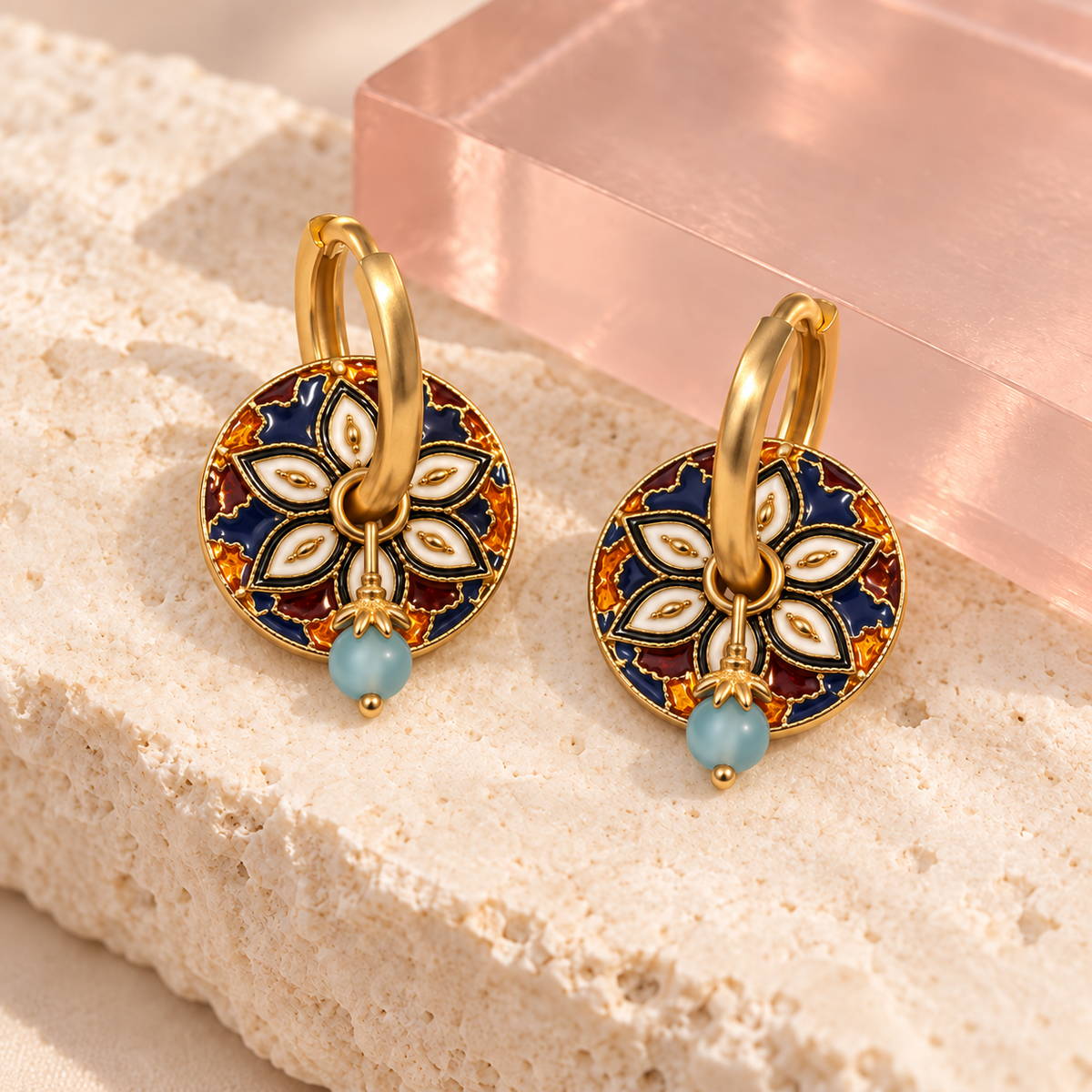 Azure mosaic flower hoop earrings with suspended blue bead on ivory stone