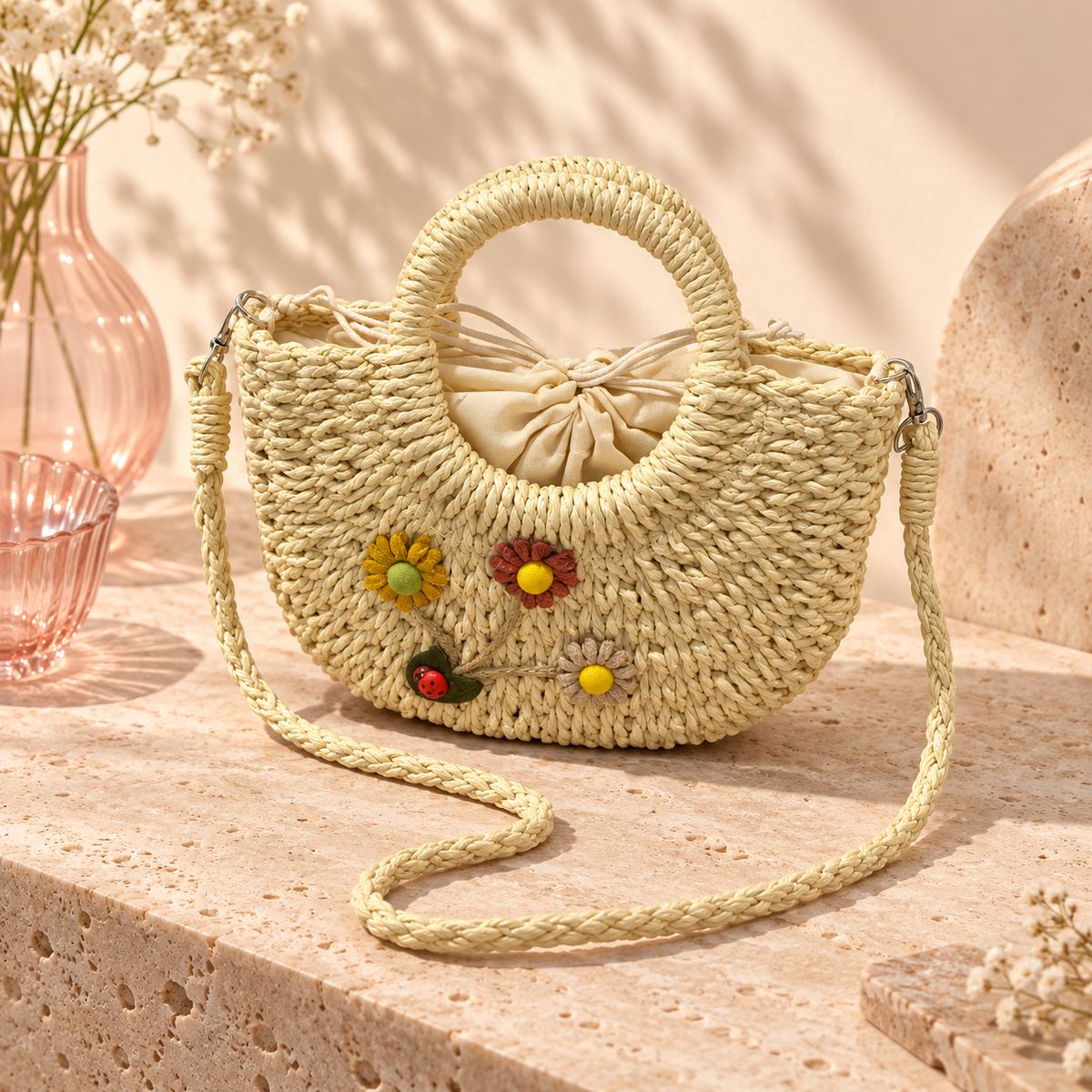 Cream floral woven bag with colourful flowers