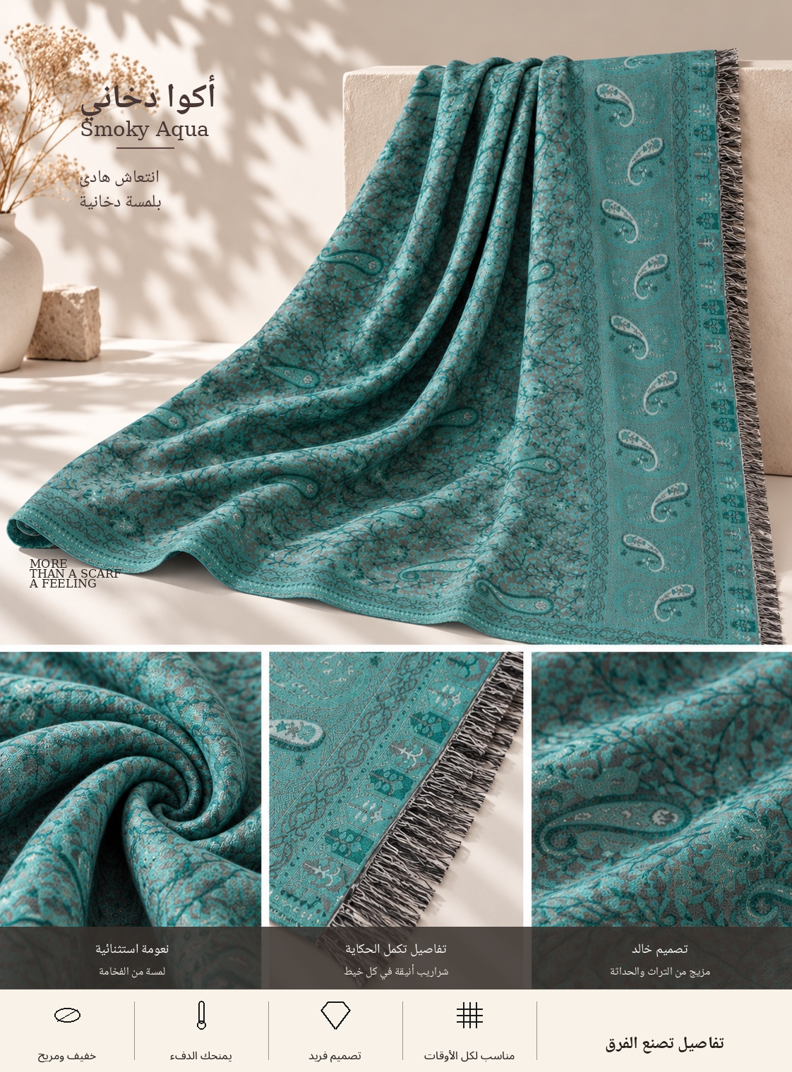 Bloomy Heritage Paisley Pashmina in Smoky Aqua