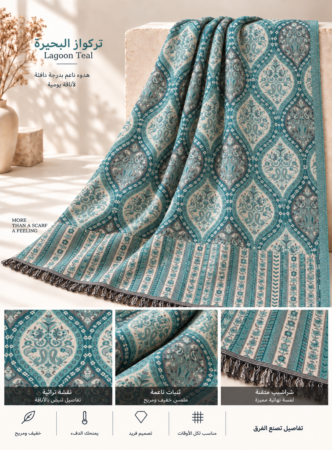 Bloomy Heritage Wave Pashmina in Lagoon Teal