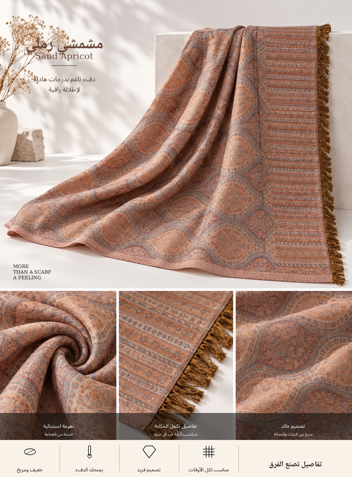 Bloomy Heritage Wave Pashmina in Sand Apricot