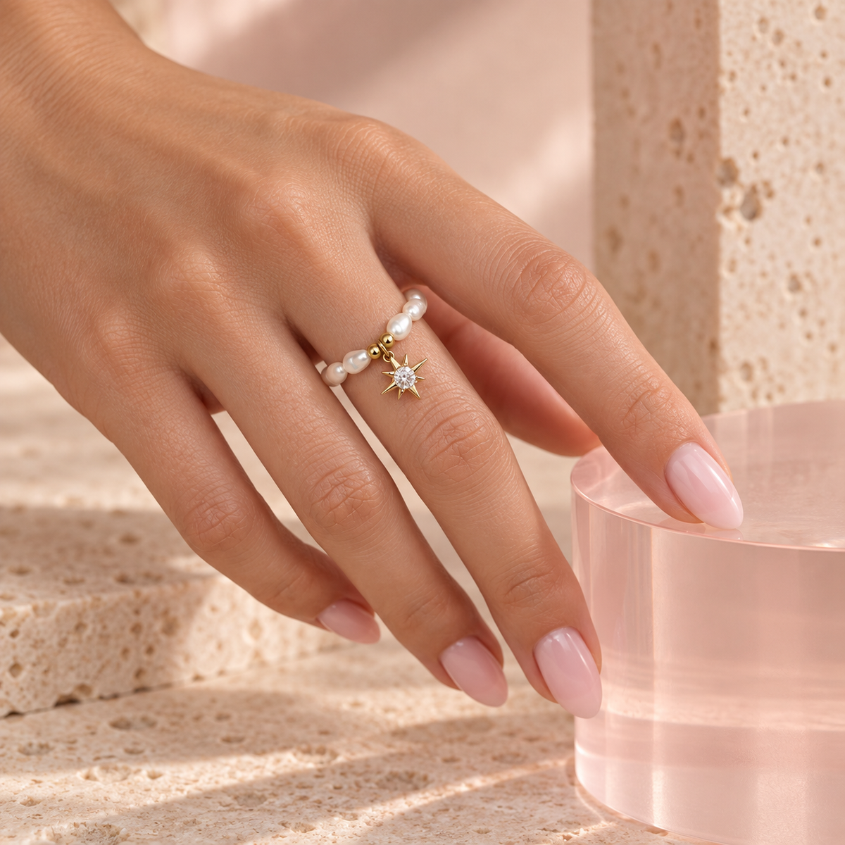Pearl Charm Ring – Crystal Star variant worn on ring finger