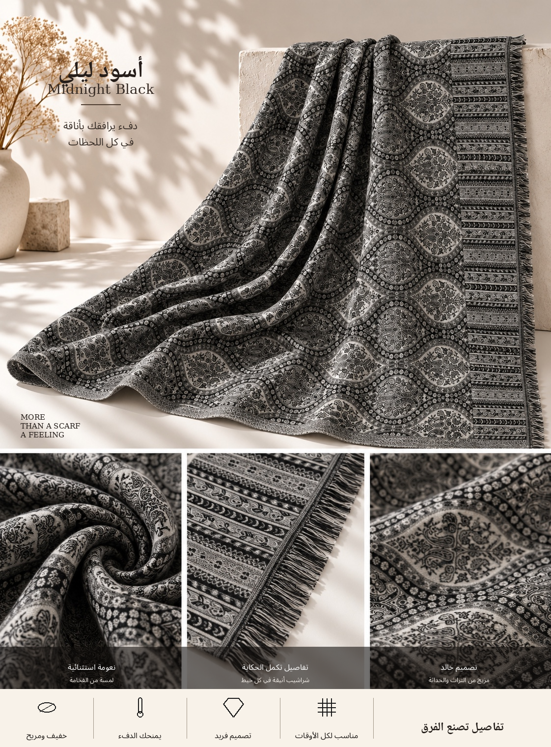 Bloomy Heritage Wave Pashmina in Midnight Black