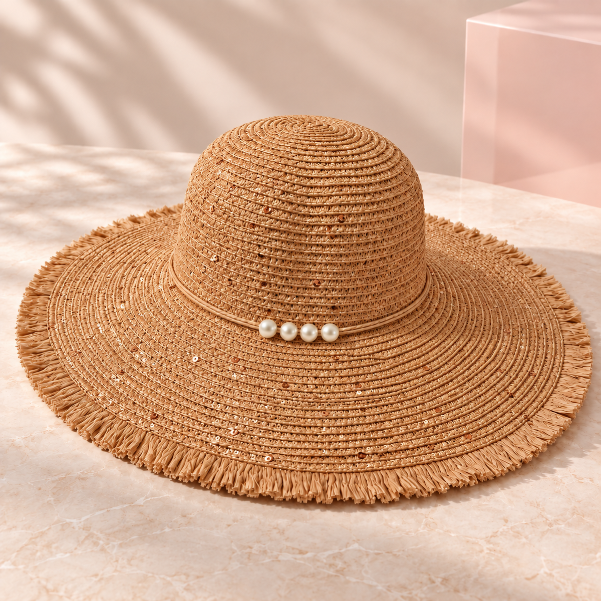 Bloomy pearl-trimmed wide brim beach hat, Beige