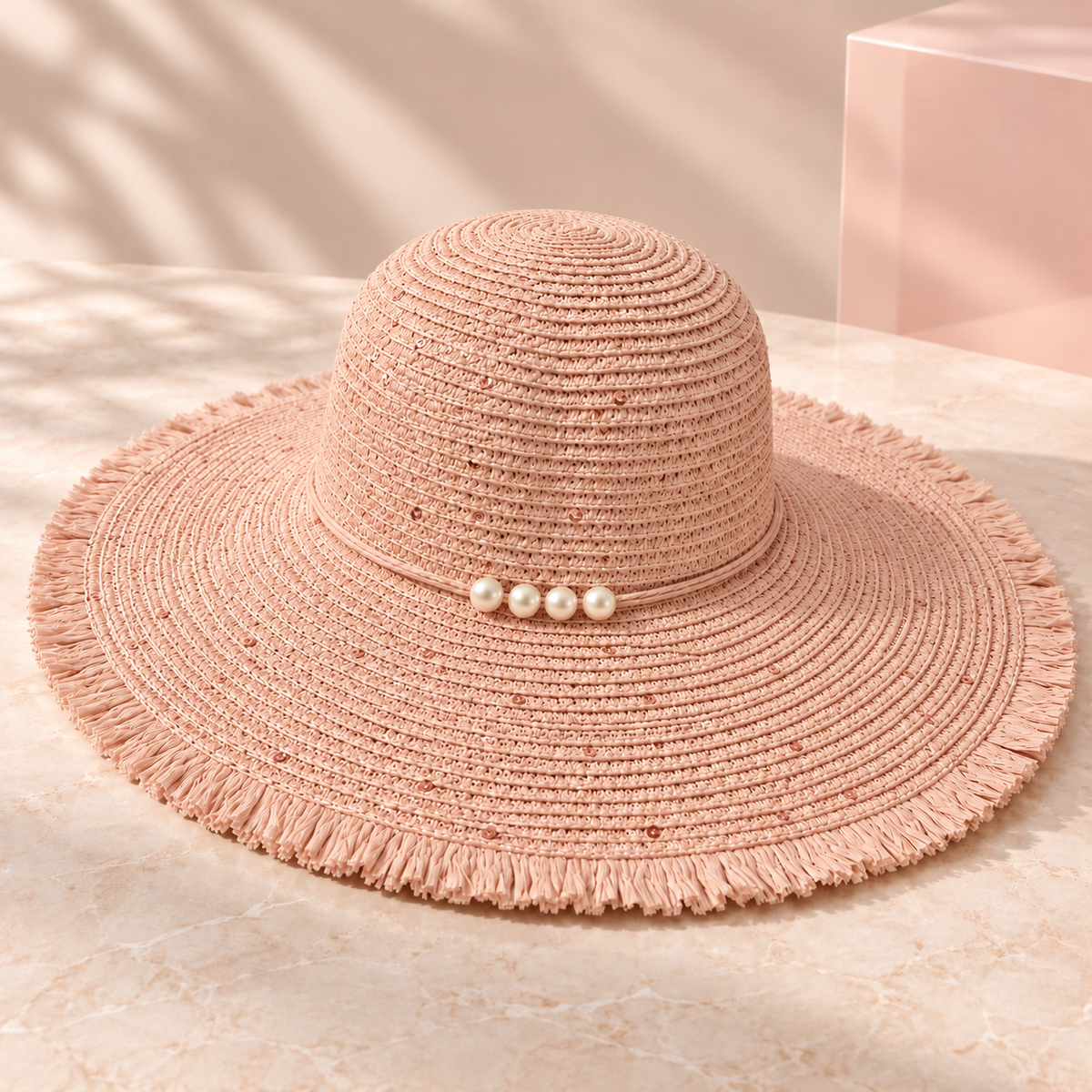 Bloomy pearl-trimmed wide brim beach hat, Light Pink