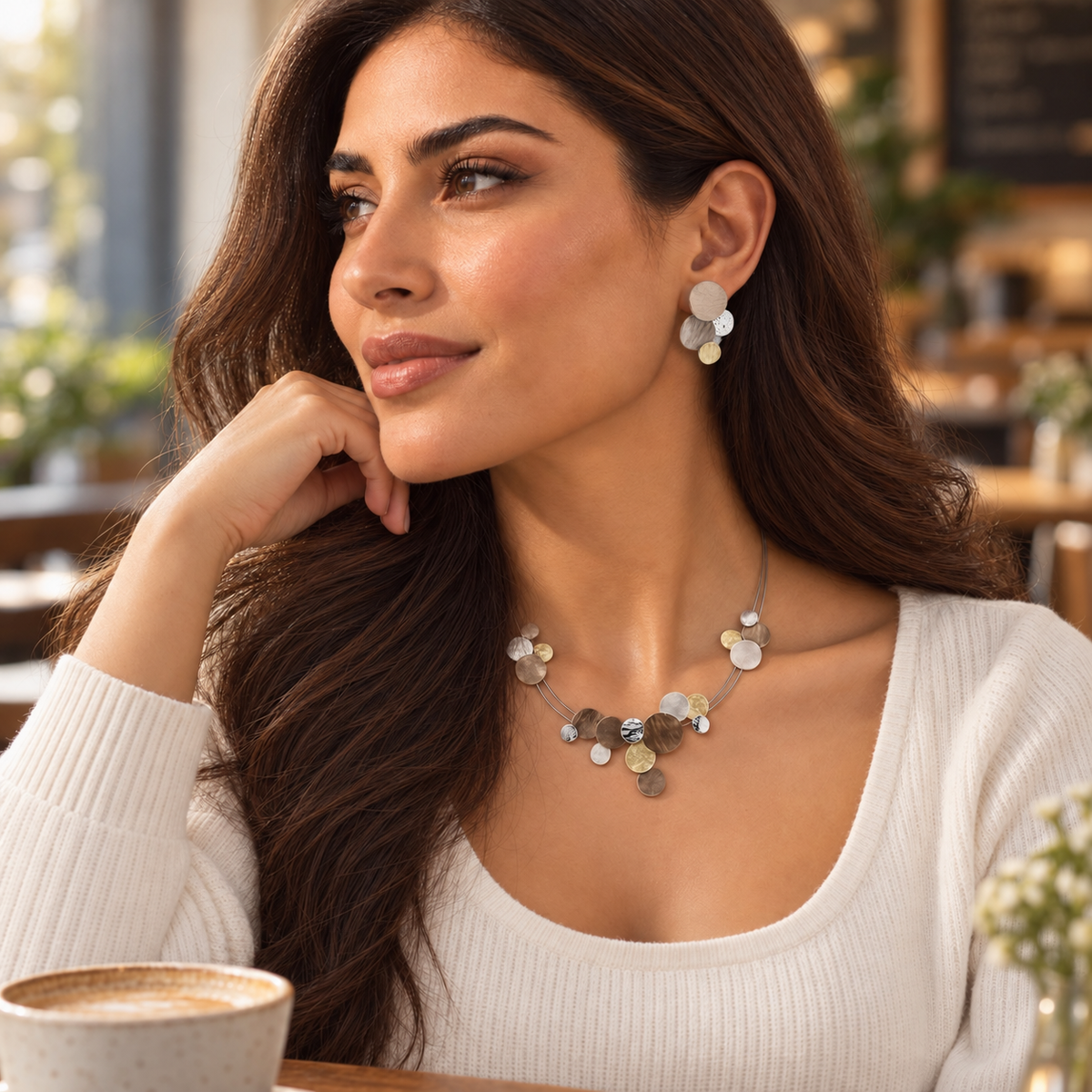 Divine Tri Tone Necklace worn at 40 cm with matching earring