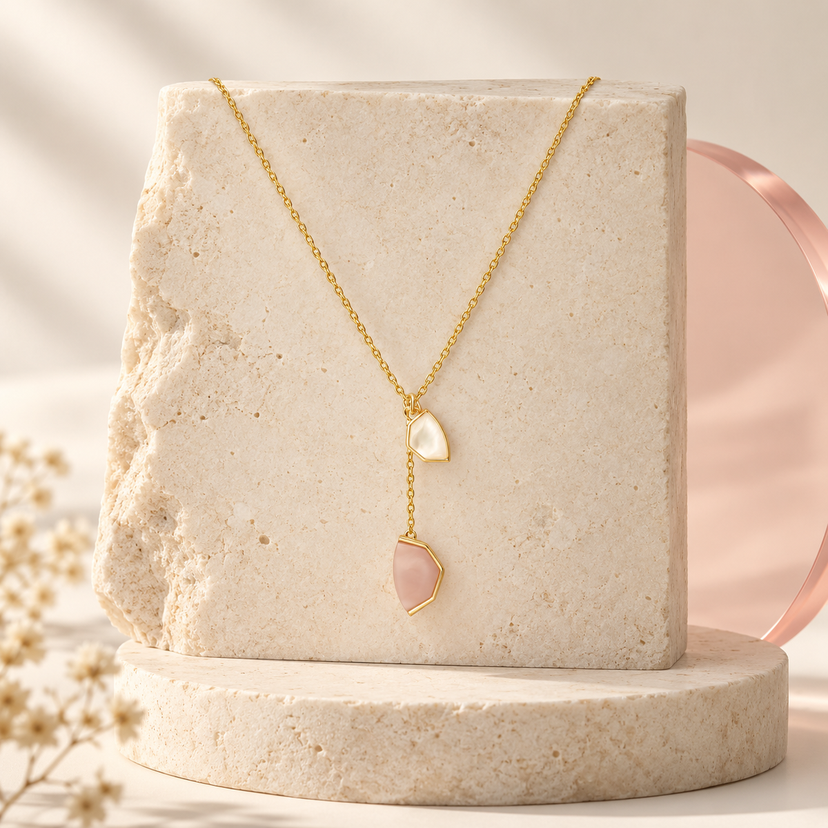 Bloomy Serena Mother-of-Pearl Drop Necklace on ivory stone and blush acrylic