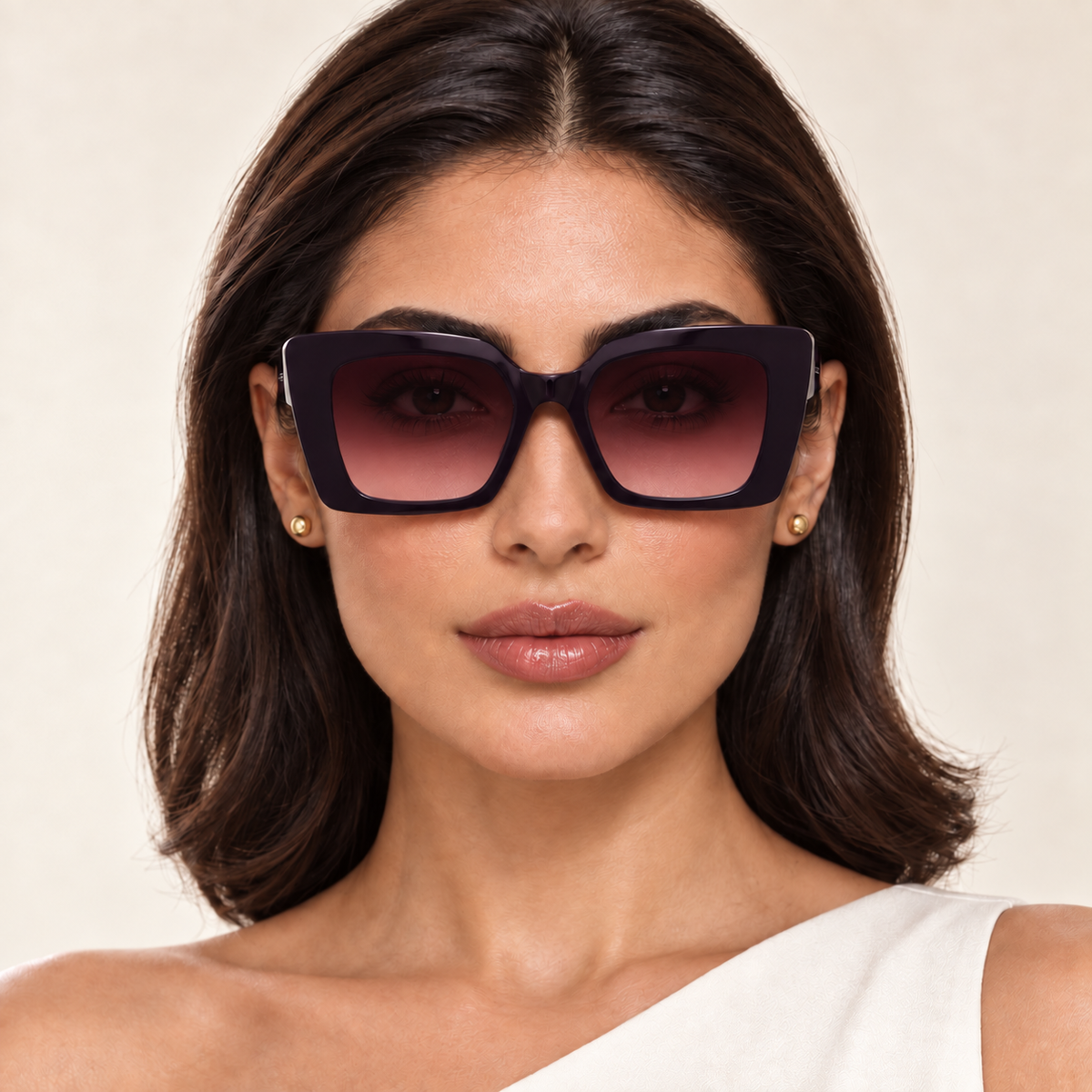 First Lady plum sunglasses worn by model — Bloomy