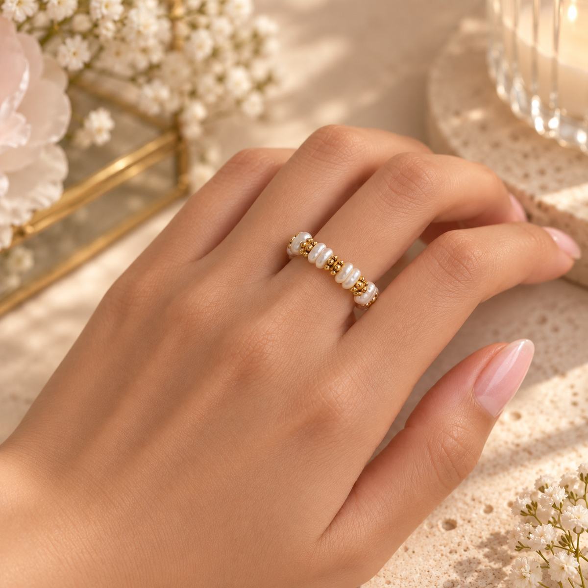 Golden Pearl Rhythm Ring by Bloomy styled on a relaxed hand