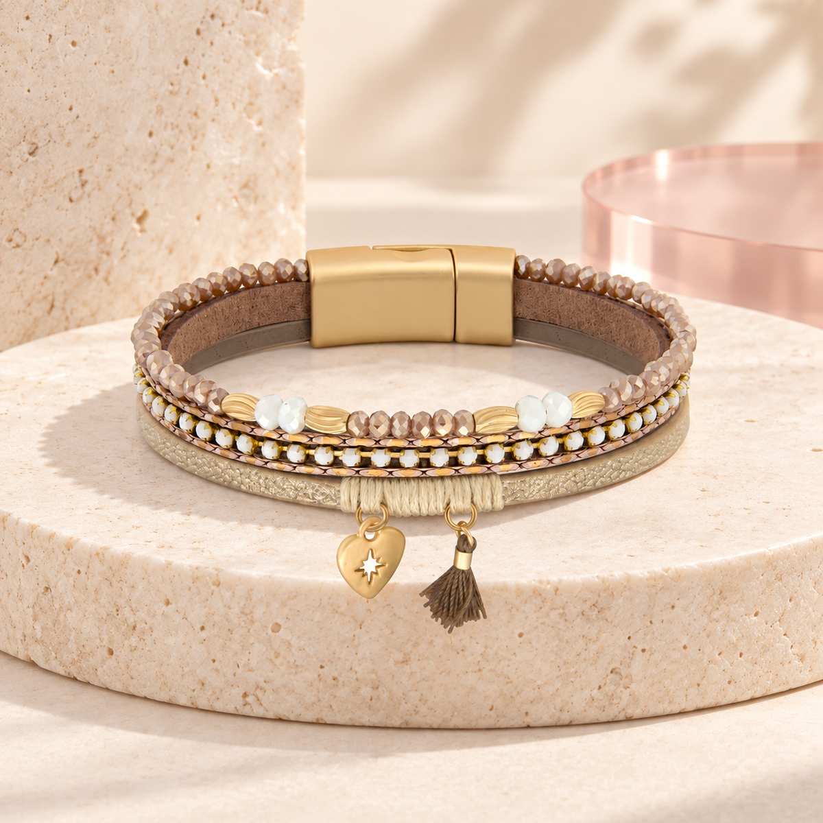 Taupe colour Bohemian Starlight leather bracelet on ivory stone with blush pink acrylic