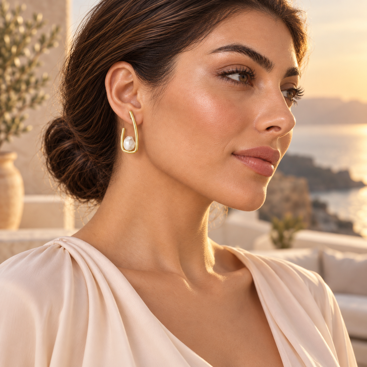 Sculpted Pearl Loop Earrings in a coastal lifestyle setting