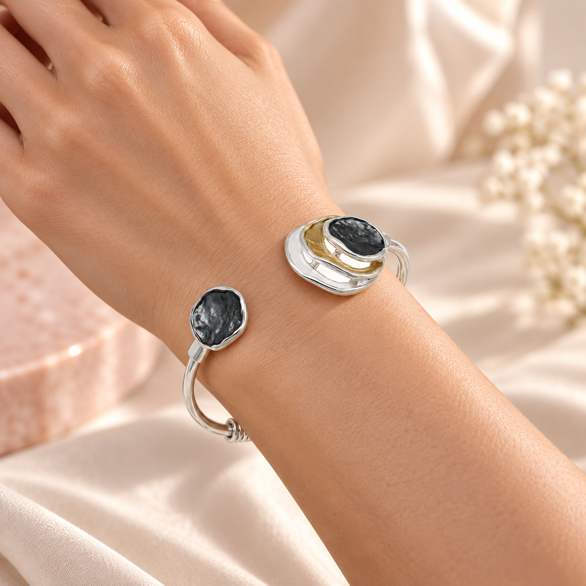 Close-up of Trinity Eclipse Cuff Bracelet on a clean wrist