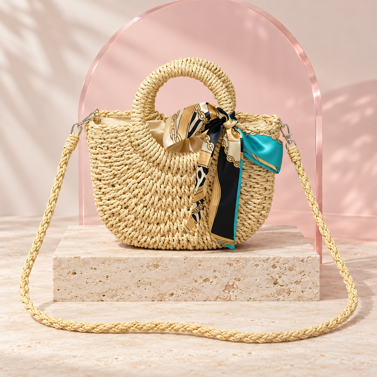Turquoise Chain Scarf Raffia Bag product view
