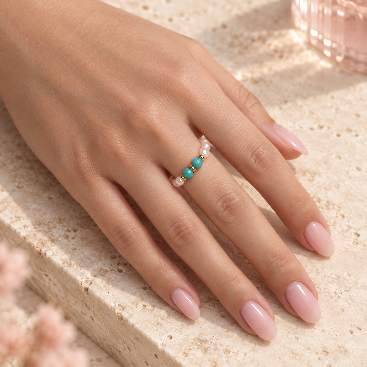 Turquoise Duo Pearl Ring worn on hand