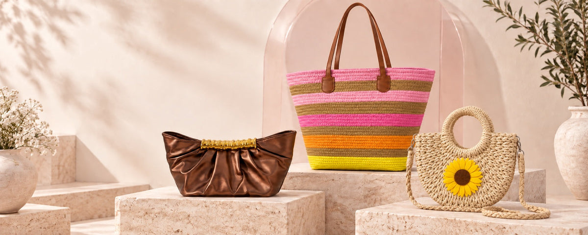 Bloomy bags collection featuring metallic, striped woven and sunflower raffia bags