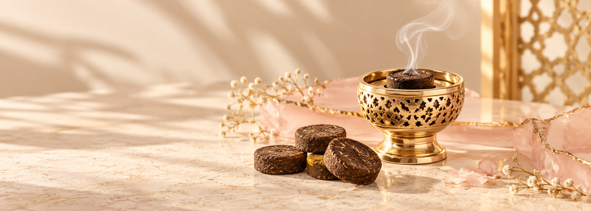 Bloomy Bakhour Bonbon incense tablets with a gold burner and soft smoke