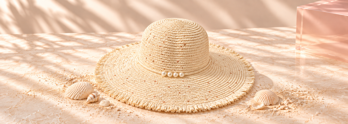 Bloomy beach hat on a sandy ivory backdrop with seashells