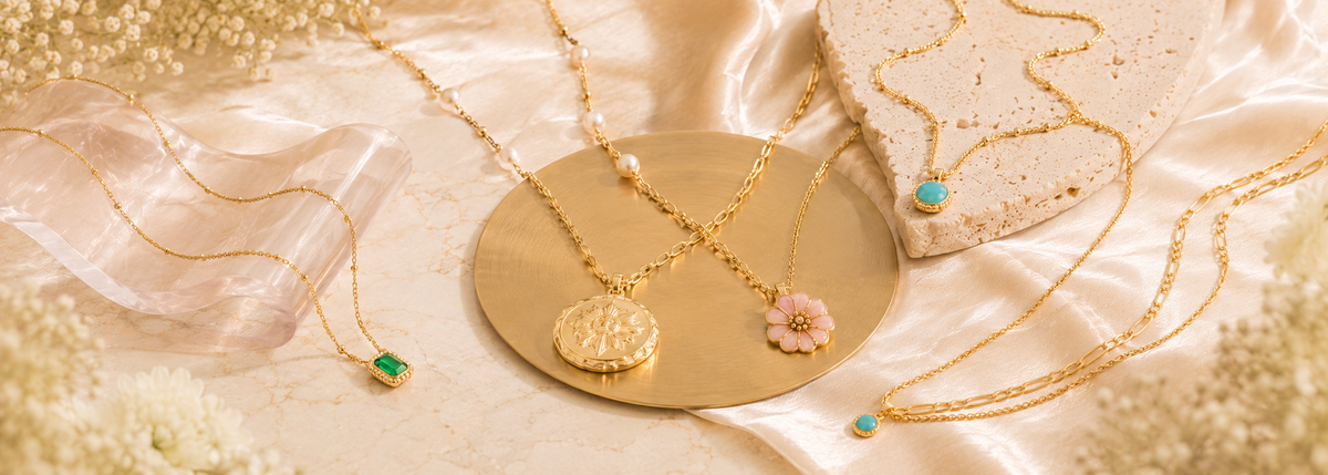 Bloomy necklaces collection – artistic layered gold necklaces still life
