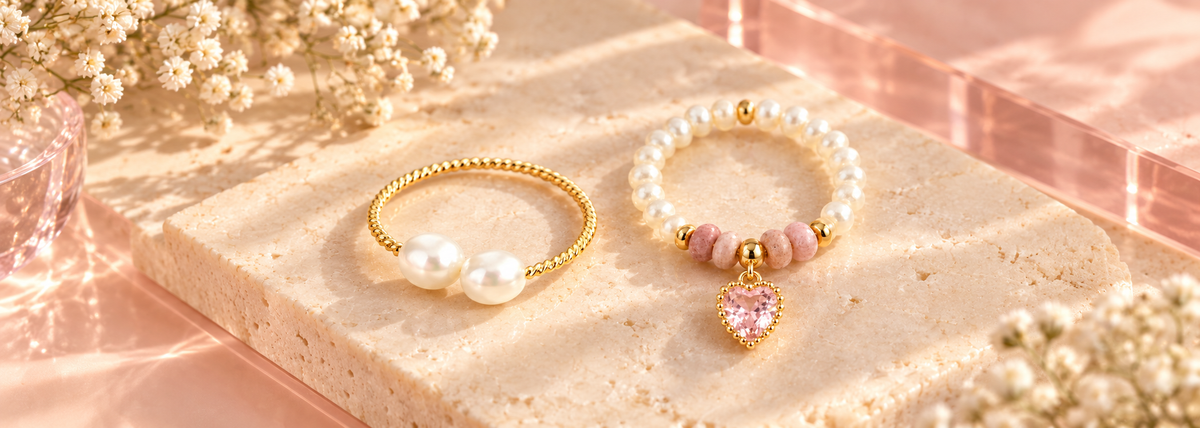 Bloomy Pearl Stories duo pearl ring and pink heart pearl ring