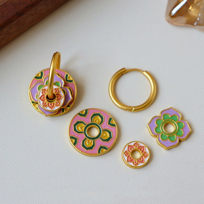 Pink & Green Floral Layered Earrings