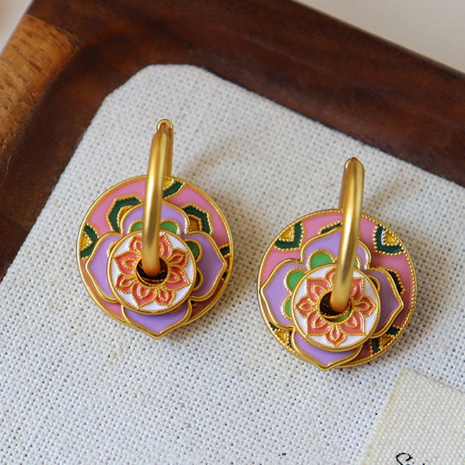 Pink & Green Floral Layered Earrings