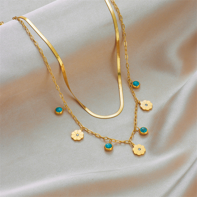 Turquoise Flower Charm Layered Necklace