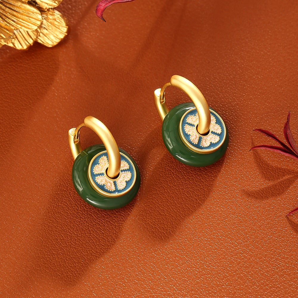 Emerald Jade Enamel Hoop Earrings