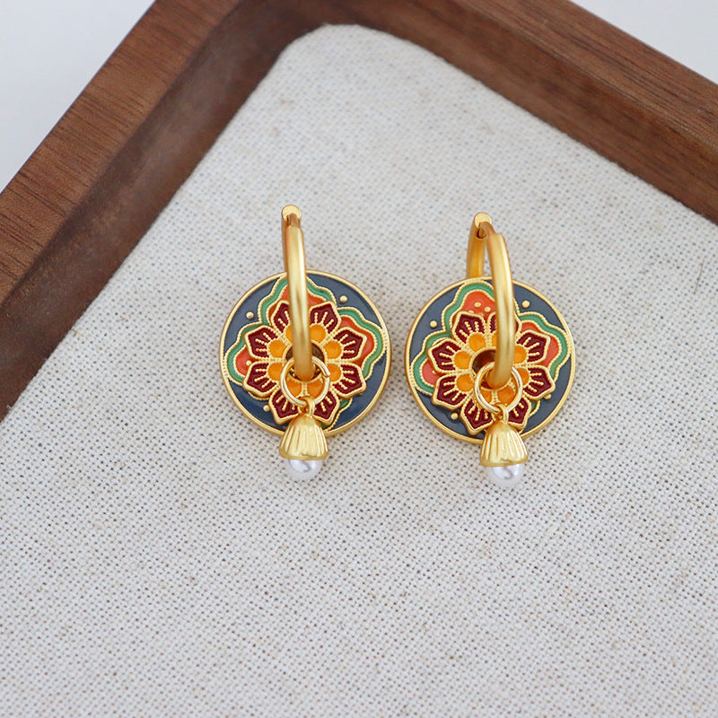 Red & Blue Floral Earrings with Pearl Drop