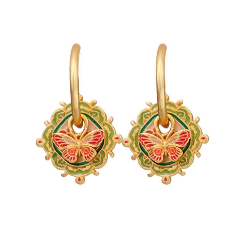 Green & Orange Butterfly Earrings with Gold Frame