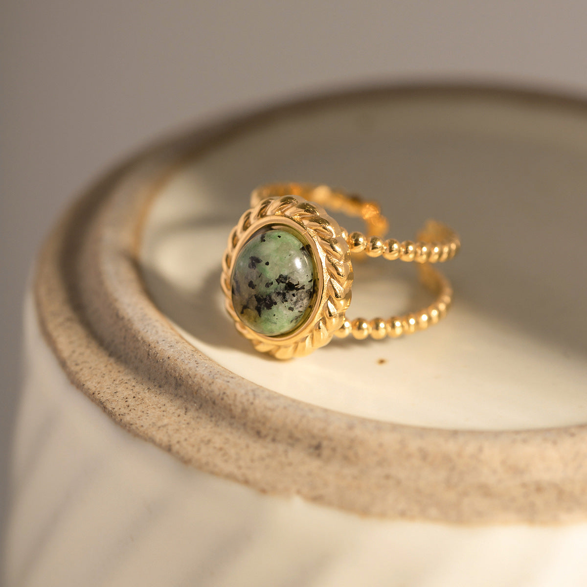 Twisted Double Band Ring with Natural Green Stone