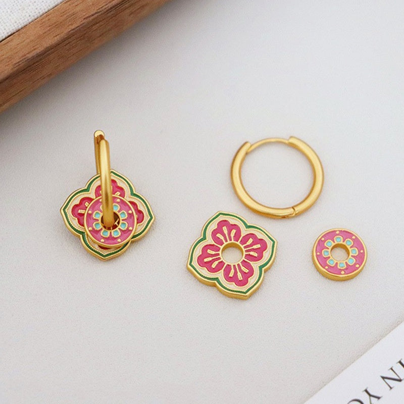 Pink & Green Floral Hoop Earrings