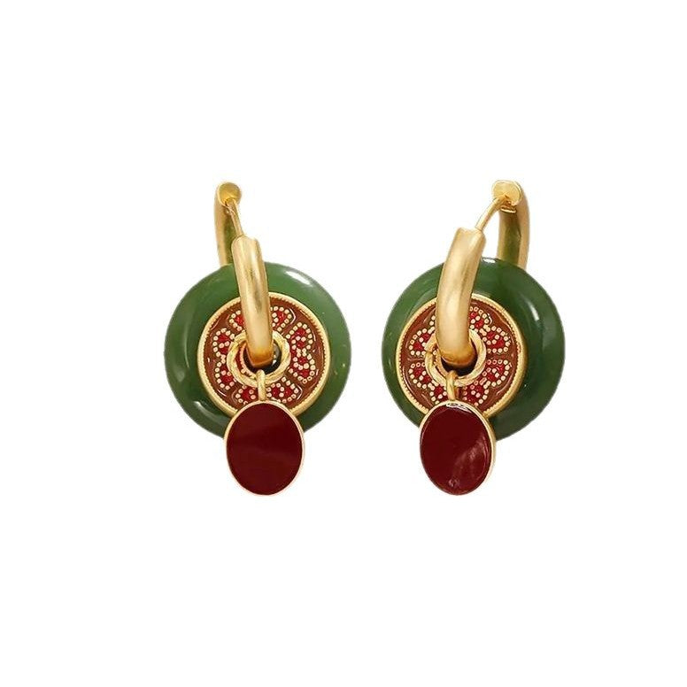 Jade & Maroon Enamel Hoop Earrings