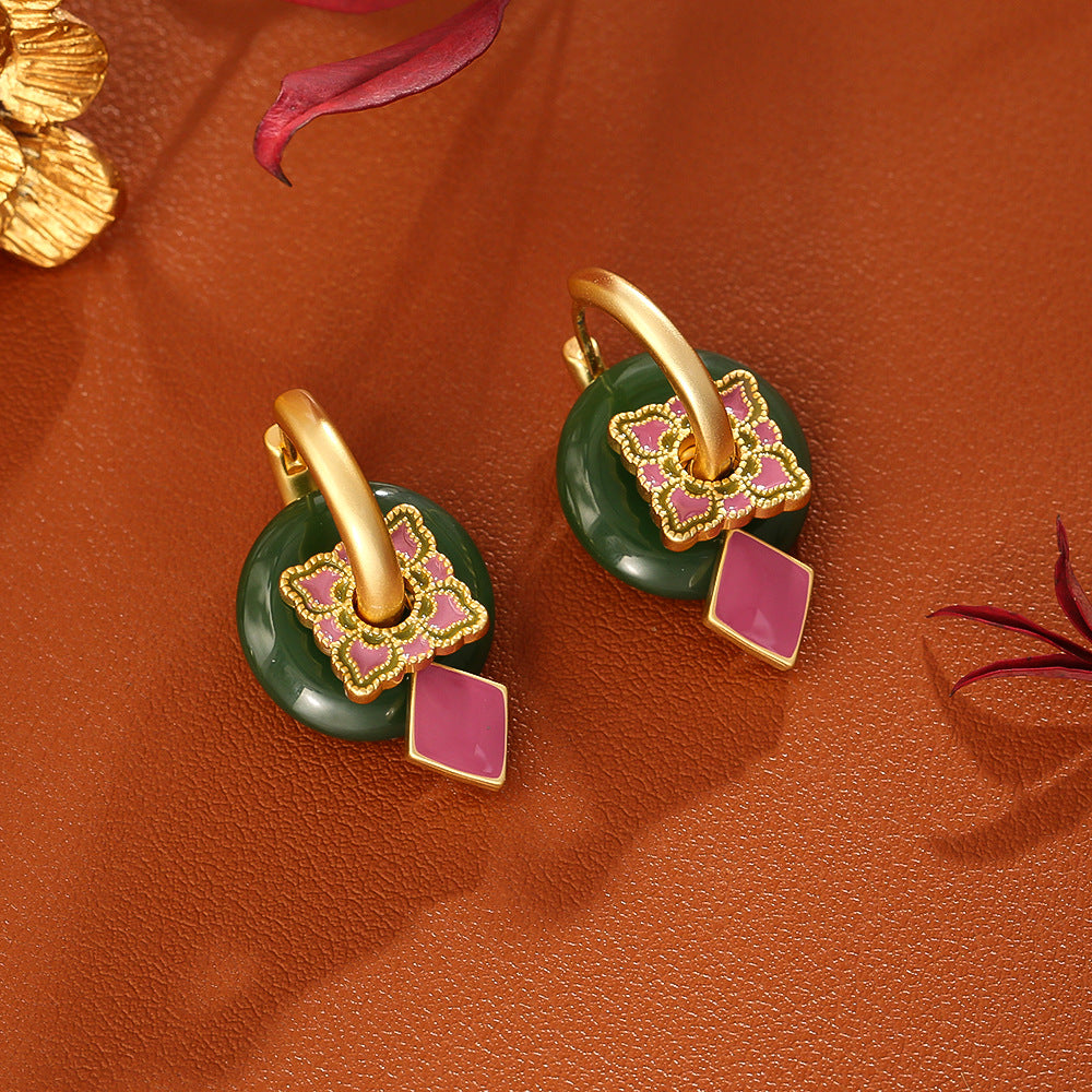 Green Jade & Fuchsia Enamel Drop Earrings