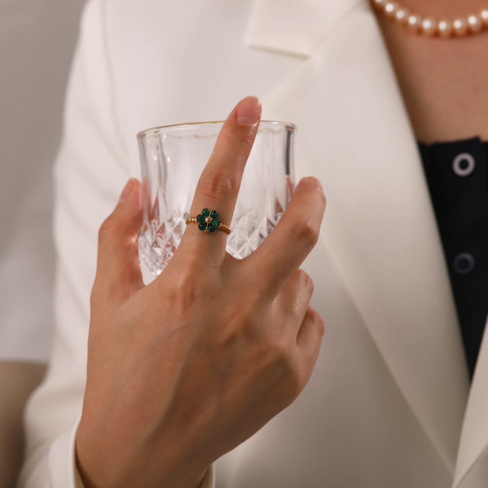 Gold Beaded Ring with Gemstone Flower
