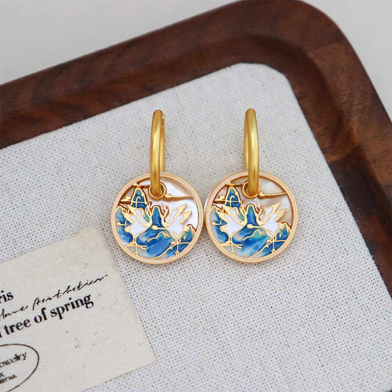 Blue Swan Earrings with Gold Frame