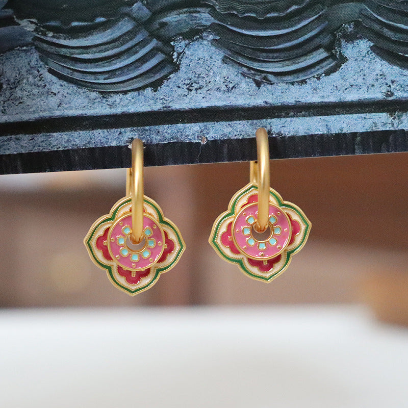 Pink & Green Floral Hoop Earrings