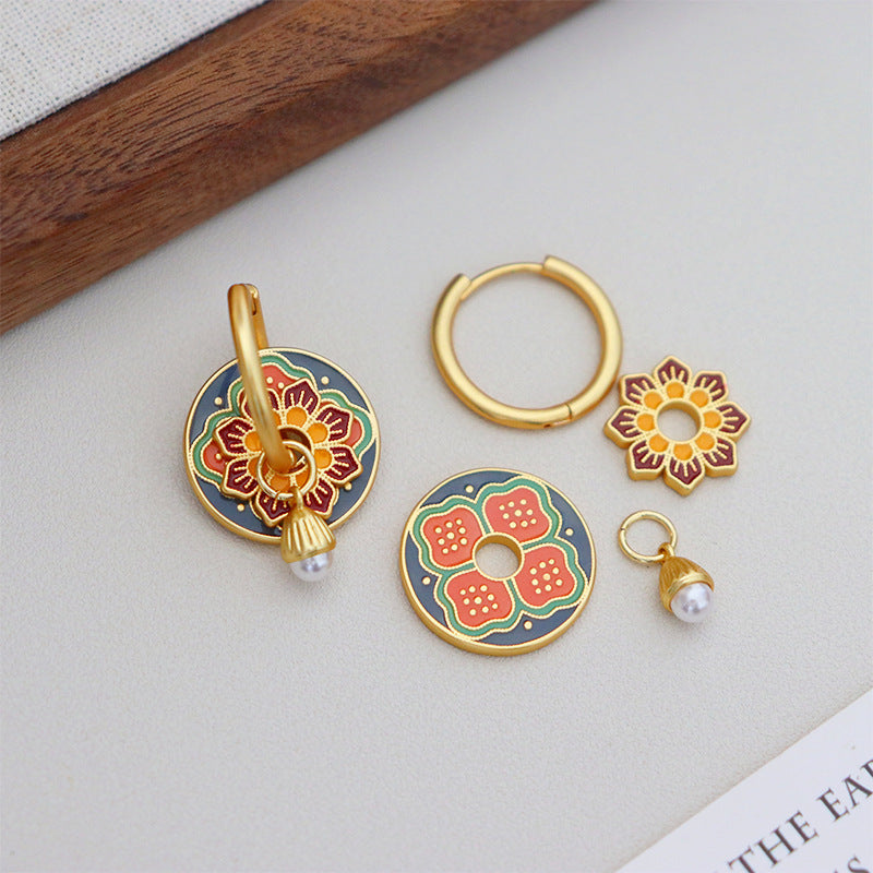 Red & Blue Floral Earrings with Pearl Drop