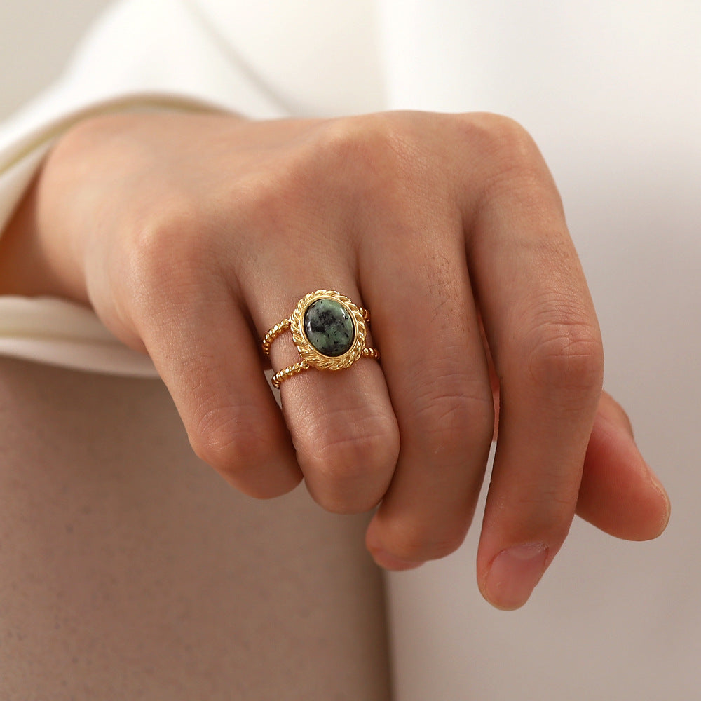 Twisted Double Band Ring with Natural Green Stone