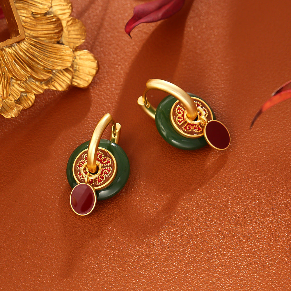 Jade & Maroon Enamel Hoop Earrings