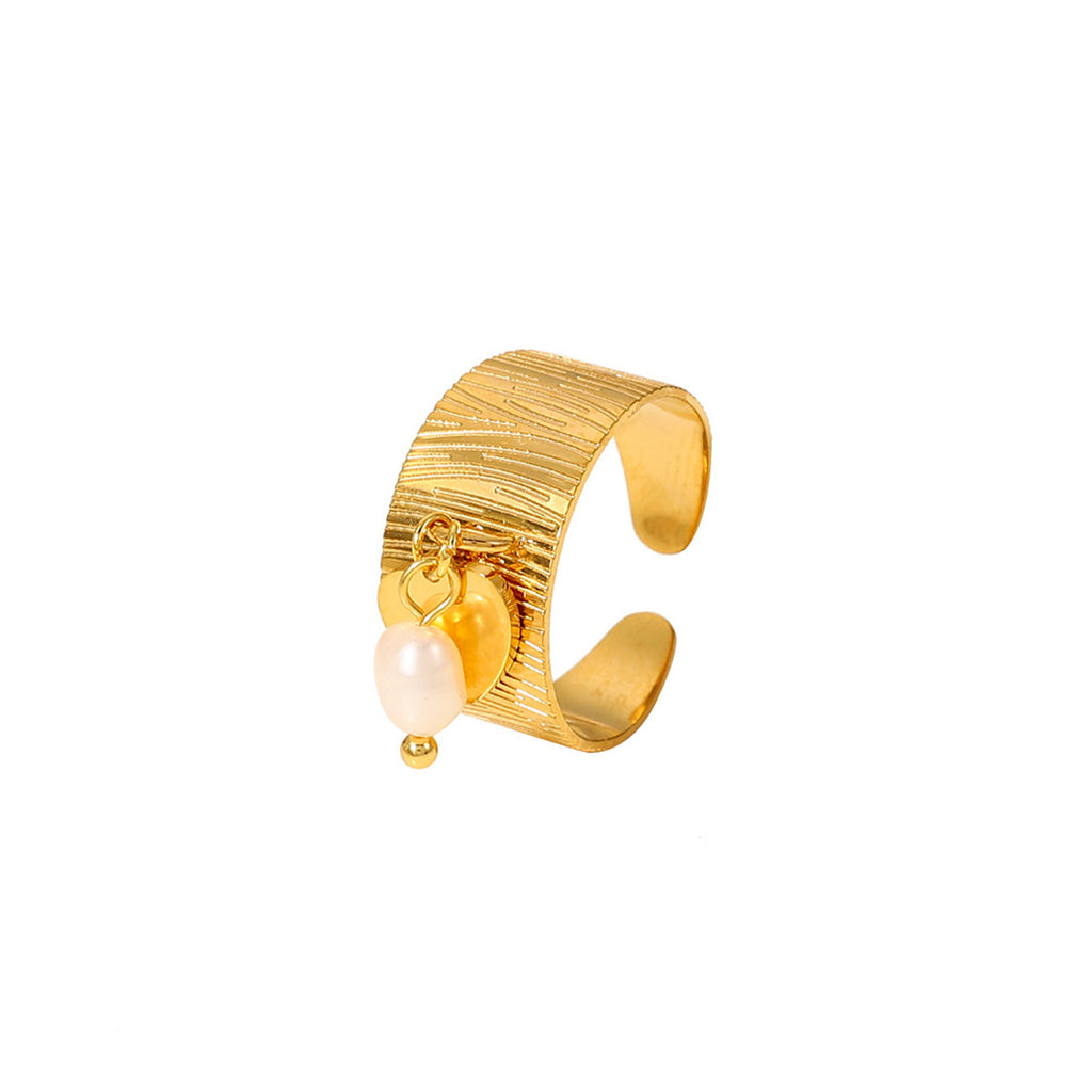 Textured Gold Ring with Pearl Charm