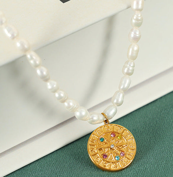 Gold Medallion Pearl Necklace